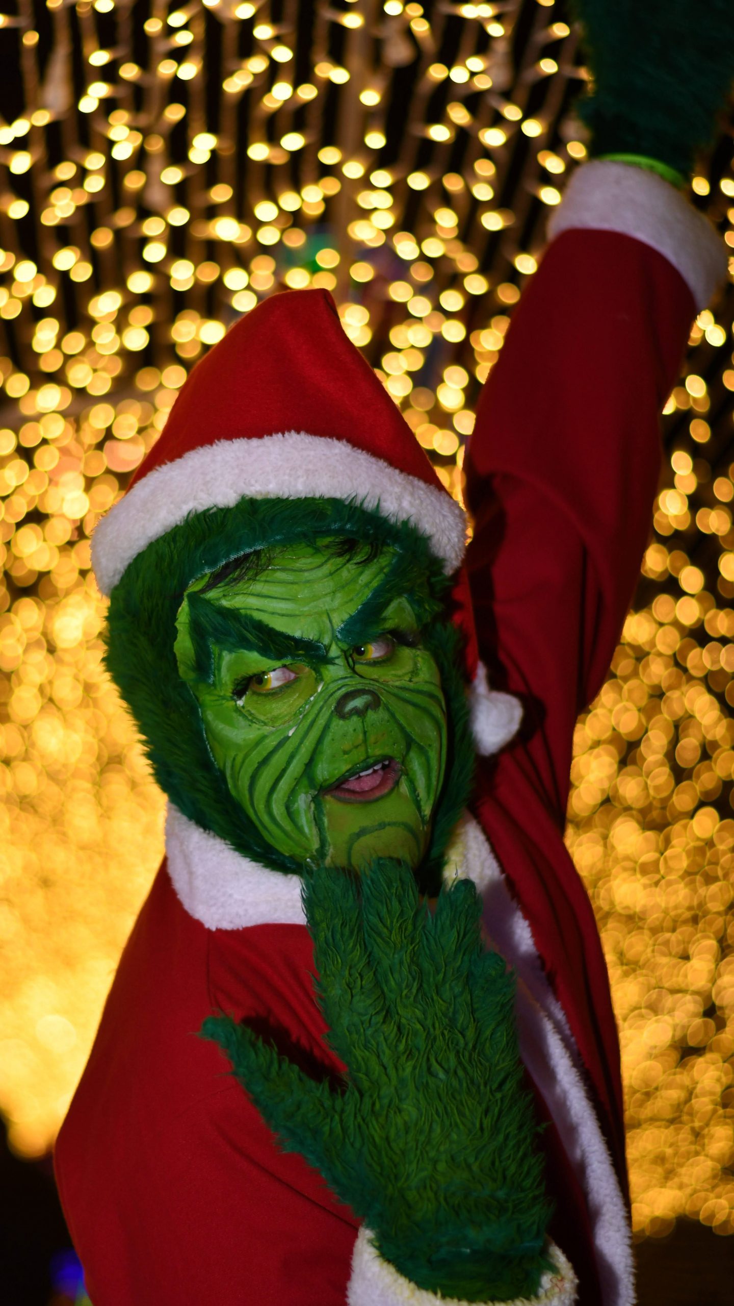 A person dressed as the Grinch poses playfully with a vibrant Christmas light backdrop.
