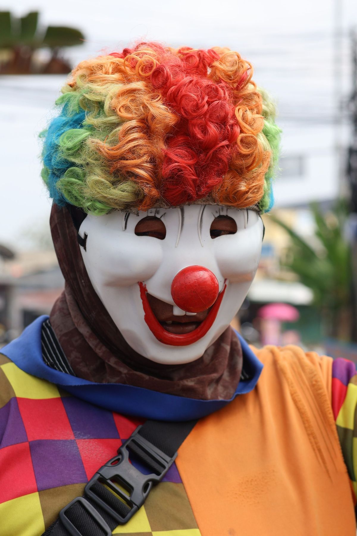 A vibrant clown in a multicolored wig and costume exudes joy in an outdoor setting.