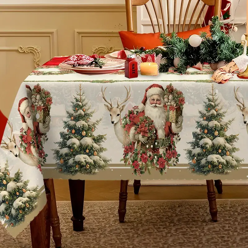 A Vintage Christmas Tablecloth Featuring Santa Claus, Reindeer, Christmas Trees, And Poinsettias * Farmhouse Christmas Decor, Winter Gifts, And Suitable for * Round And Rectangular Tables, Ideal for