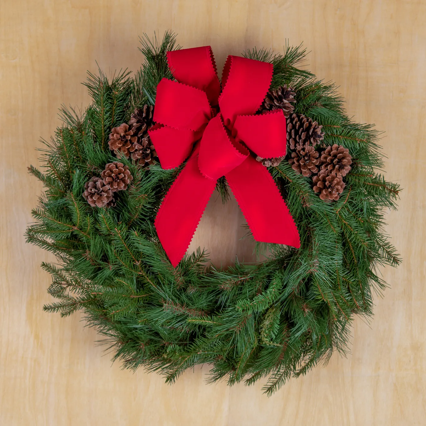 Balsam Wreath with Velvet Bow and Pinecones - Mystic Garden Club