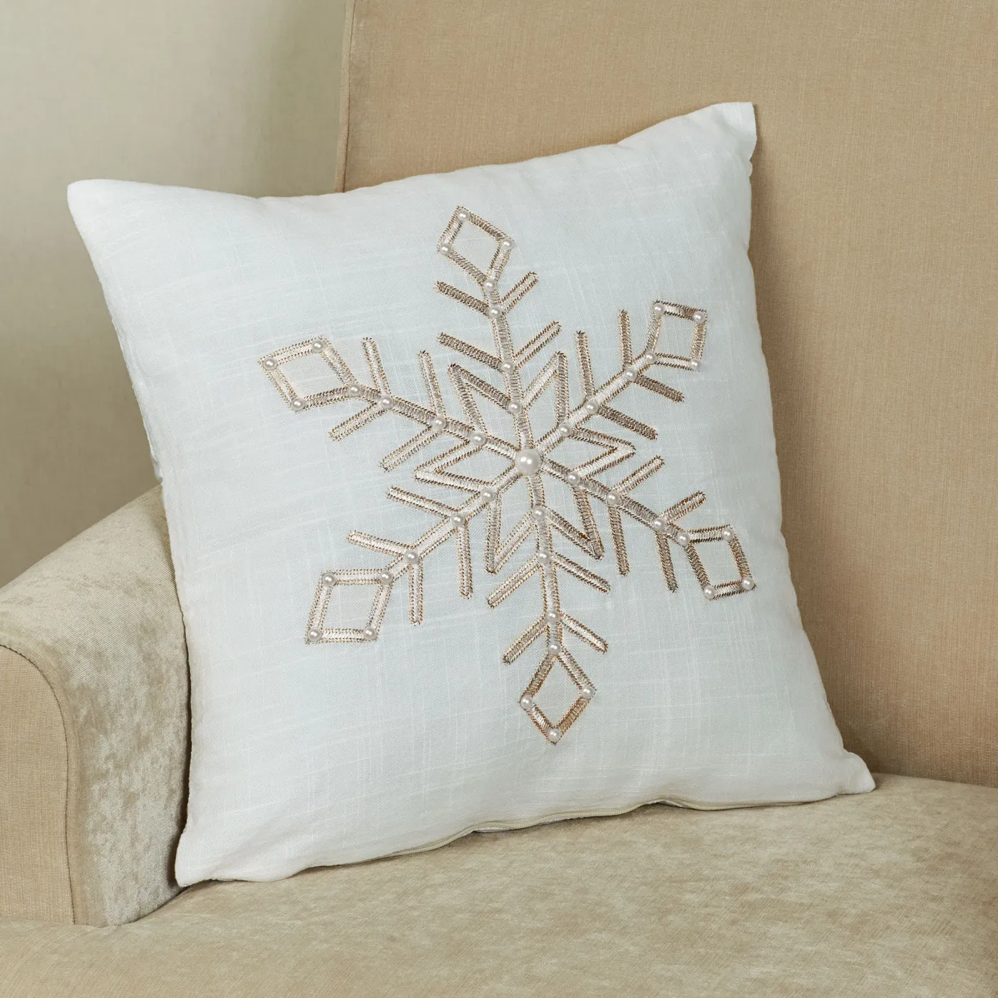 Beaded Snowflake Off White Winter Decorative Throw Pillow
