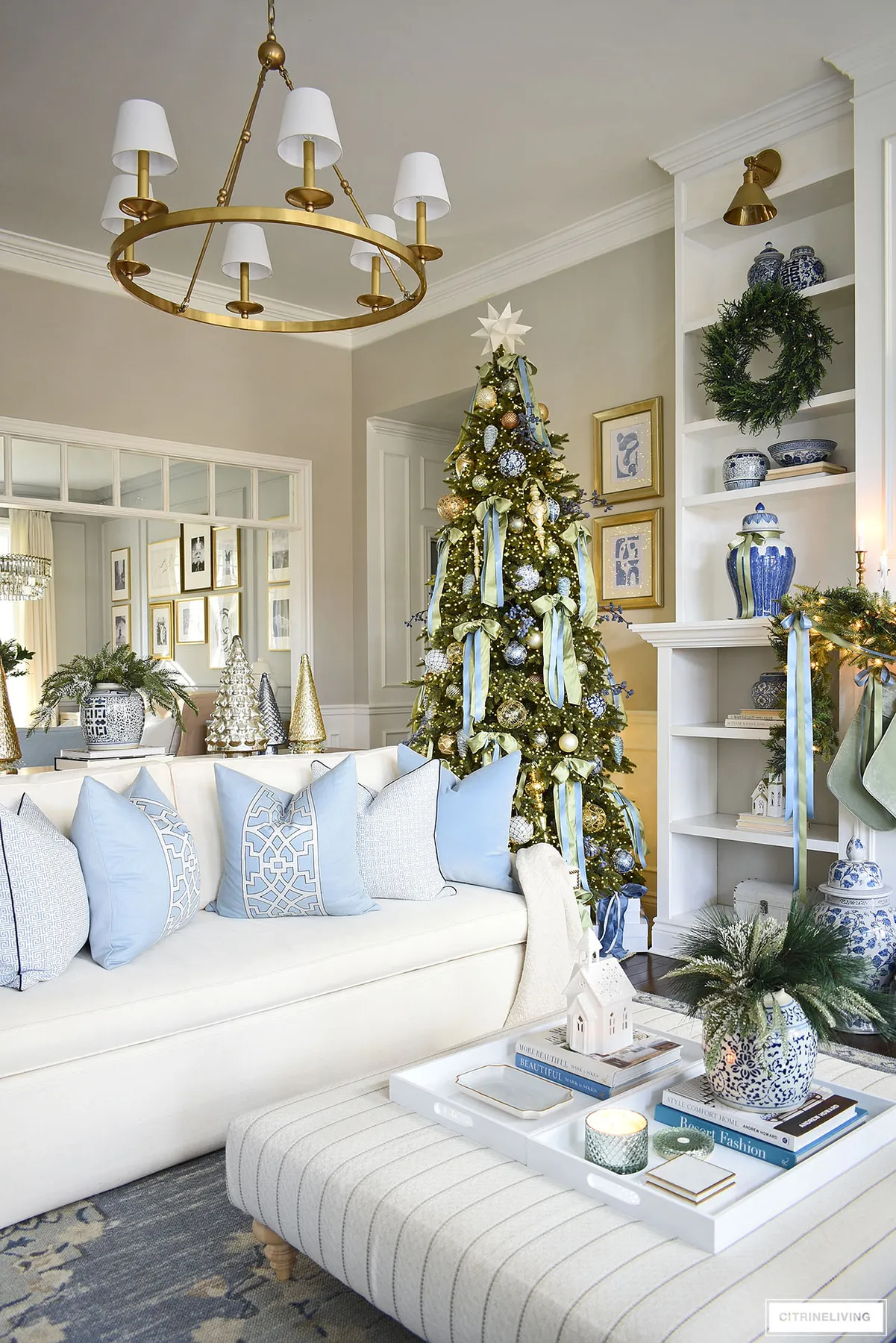 Blue and Green Christmas Decor in our Living Room | CitrineLiving