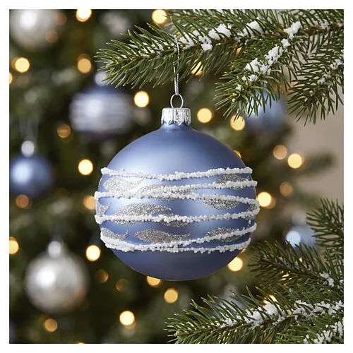 Blue and white blown glass Christmas tree bauble with silver wave decoration,  vintage line, 8 cm | online sales on HOLYART.com