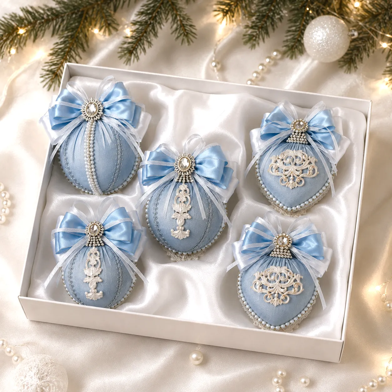 Blue Silk Christmas Ornament Set of 5