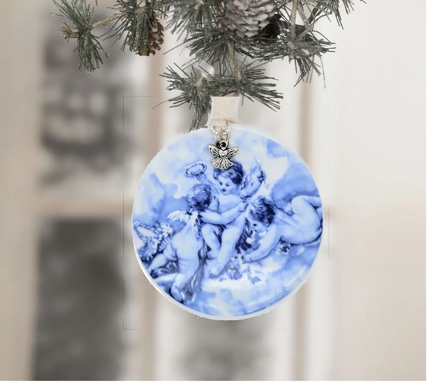 Blue Toile Angel Round Porcelain Christmas Ornament w/ Angel Charm
