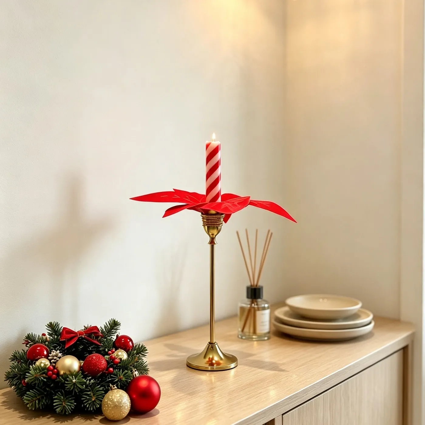 Brass Gold Taper Candle Holder with Faux Poinsettia, Christmas Table D — festwholesale