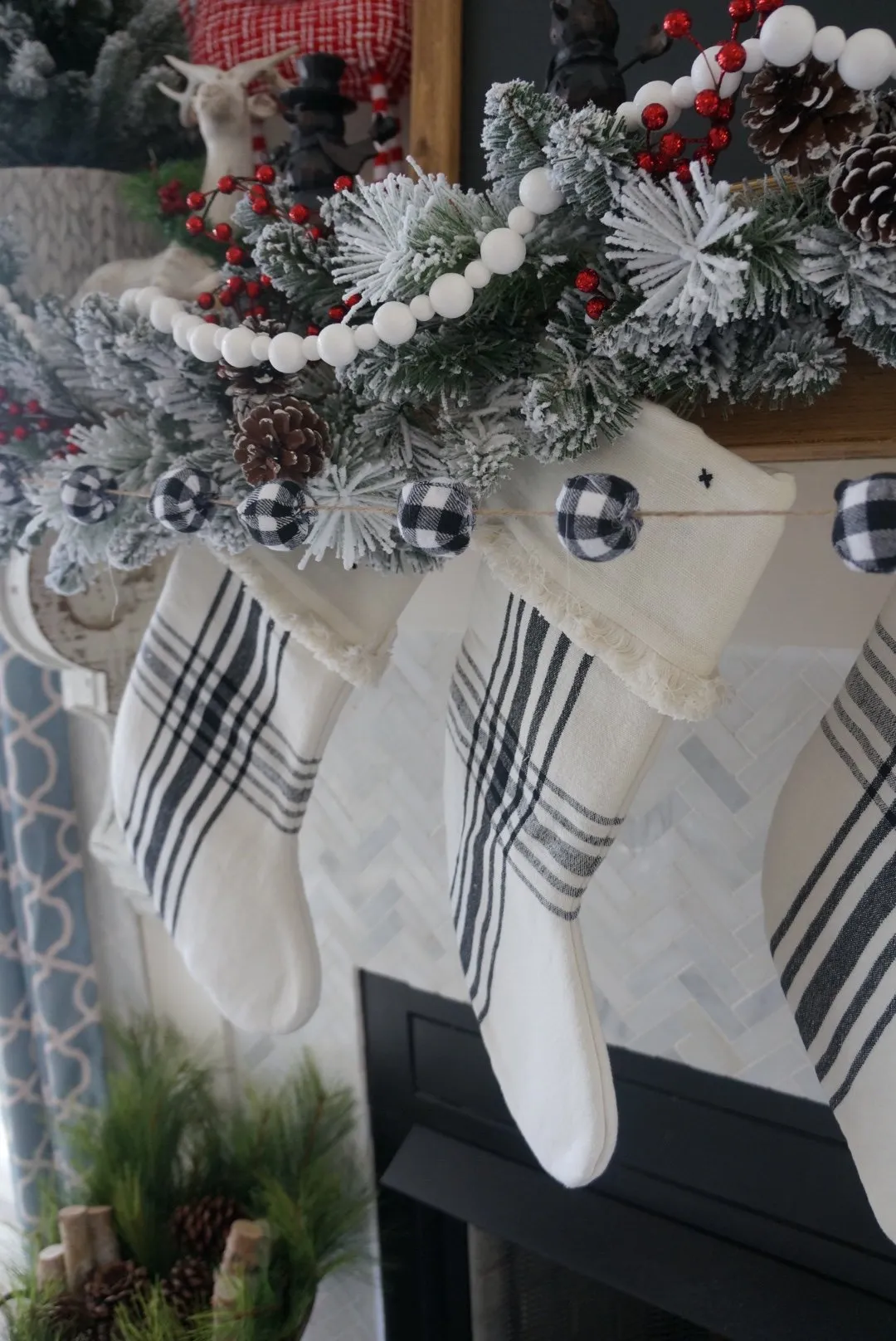 Buffalo check Christmas living room decor flocked garland and stockings - Wilshire Collections