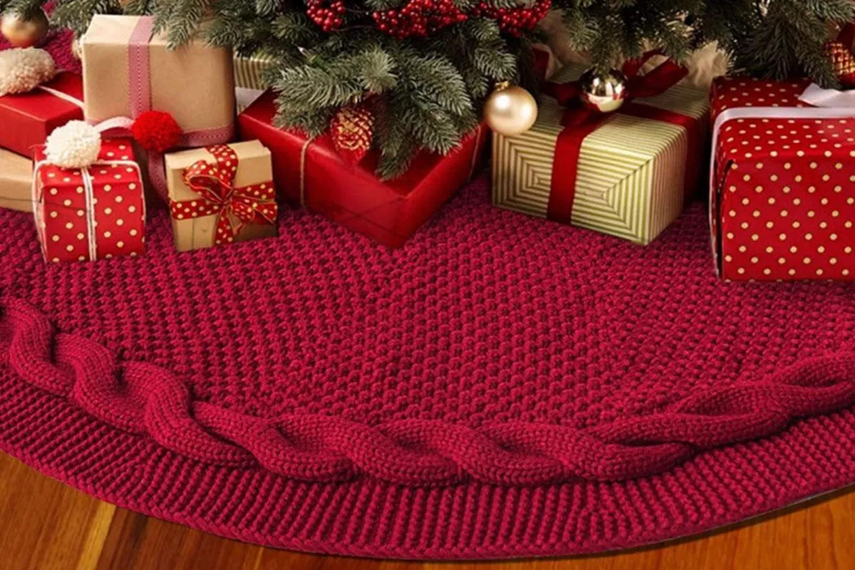Buy Wine Red Christmas Tree Skirt Xmas Tree Knit Decorative Base Cover -92cm | Brosa