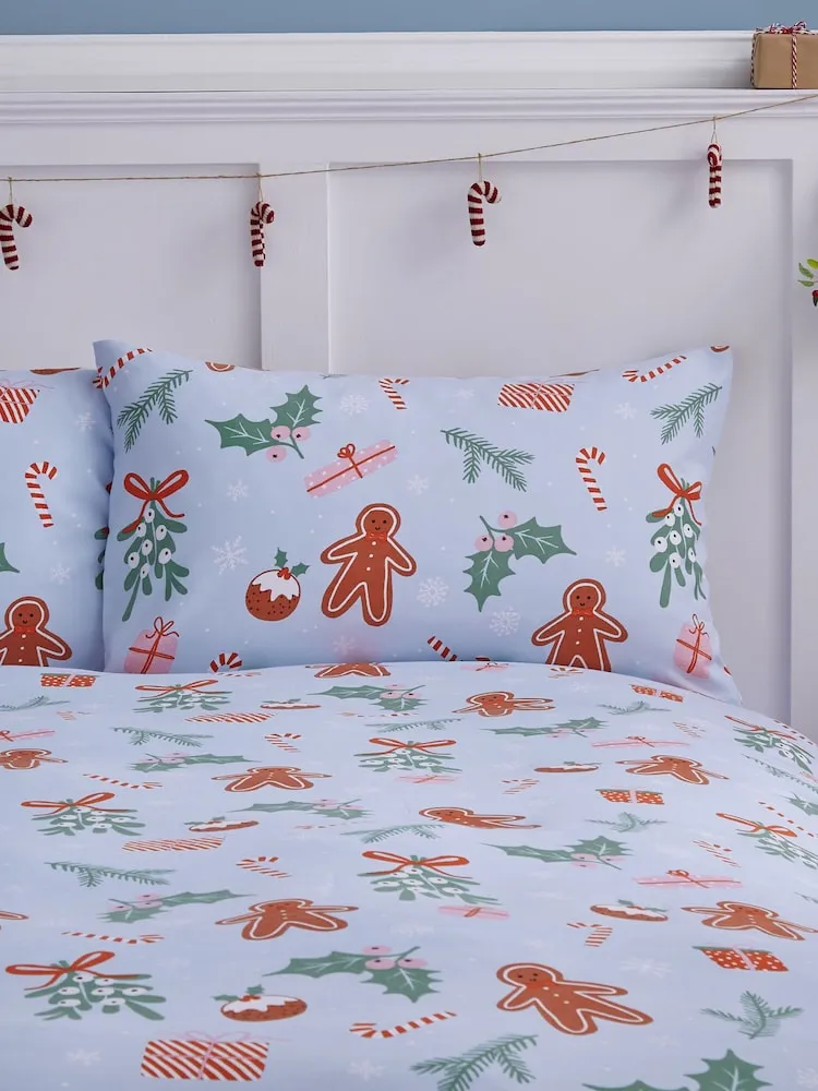 Catherine Lansfield Christmas Gingerbread Soft Microfibre Reversible Double Duvet Cover Set including Pillowcases Blue
