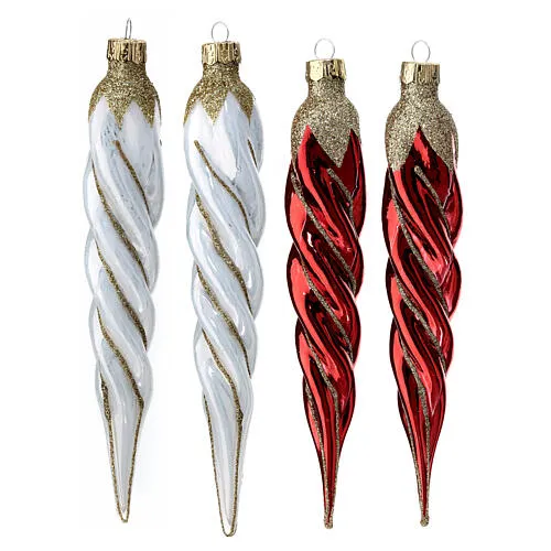 Christmas baubles 4 pcs red white icicles 16 cm blown glass | online sales on HOLYART.com