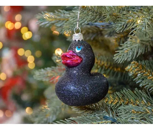 Christmas Blown Glass Black Fuchsia Duck Ornament H11cm