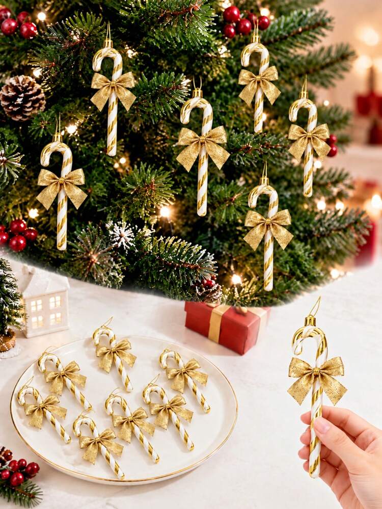 Christmas Candy Cane Decorations, Gold Bow Holiday Hanging Ornaments, Lightweight Christmas Tree Wreath Pendants, Suitable For Home, Christmas Tree, Fireplace Mantel, Home Party Decoration, Christma