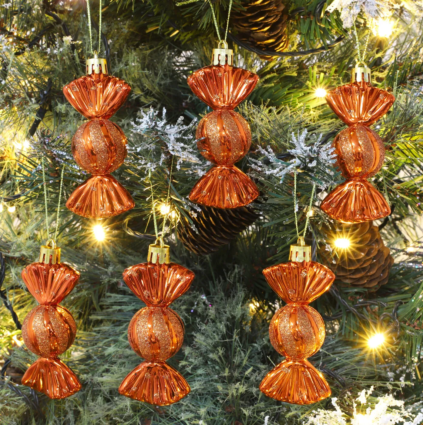 Christmas Concepts® Pack of 6–90mm Sweet Shaped Baubles – Shiny & Glitter Decorated – Christmas Tree Decorations (Copper) - Christmas Concepts