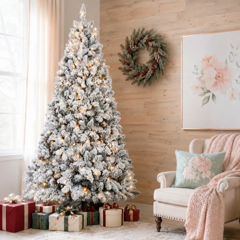Christmas Decorations Flocked Christmas Tree Flocked Artificial Christmas Tree With Pinecones, Xmas Holiday Decoration 9167-FLORA