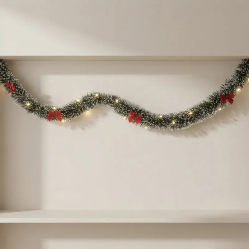 Christmas Garland 2m Pre-Lit LED Silver Tinsel with Red and Yellow Bows - Yellow (6.5ft)