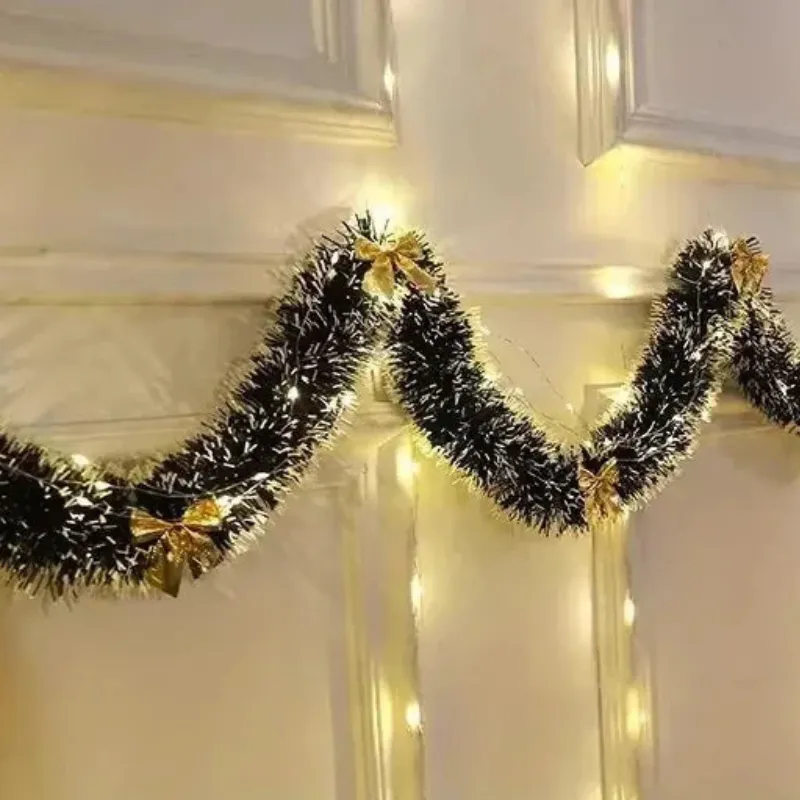 Christmas Garland 2m Pre-Lit LED Silver Tinsel with Red and Yellow Bows - Yellow (6.5ft)