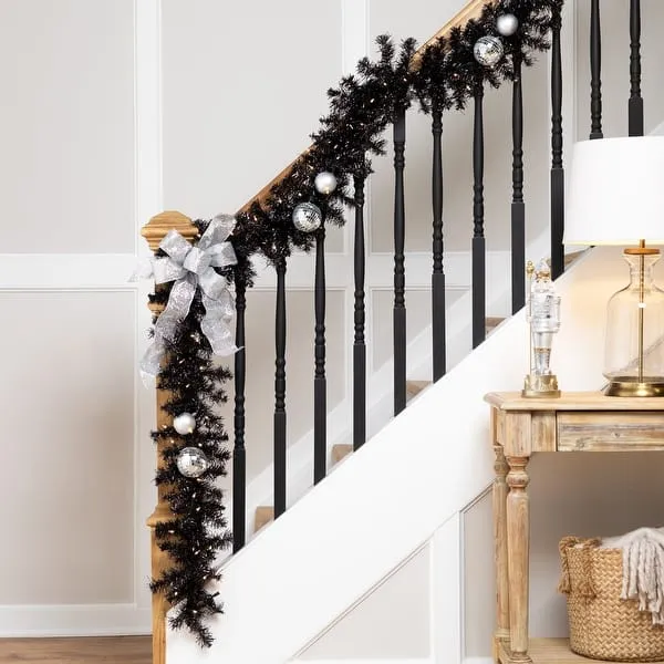 Christmas Garland Tinsel Lights Tinsel Artificial Christmas Garland 9' X 6' Black Clear Lights Bed Bath Beyond 42006961