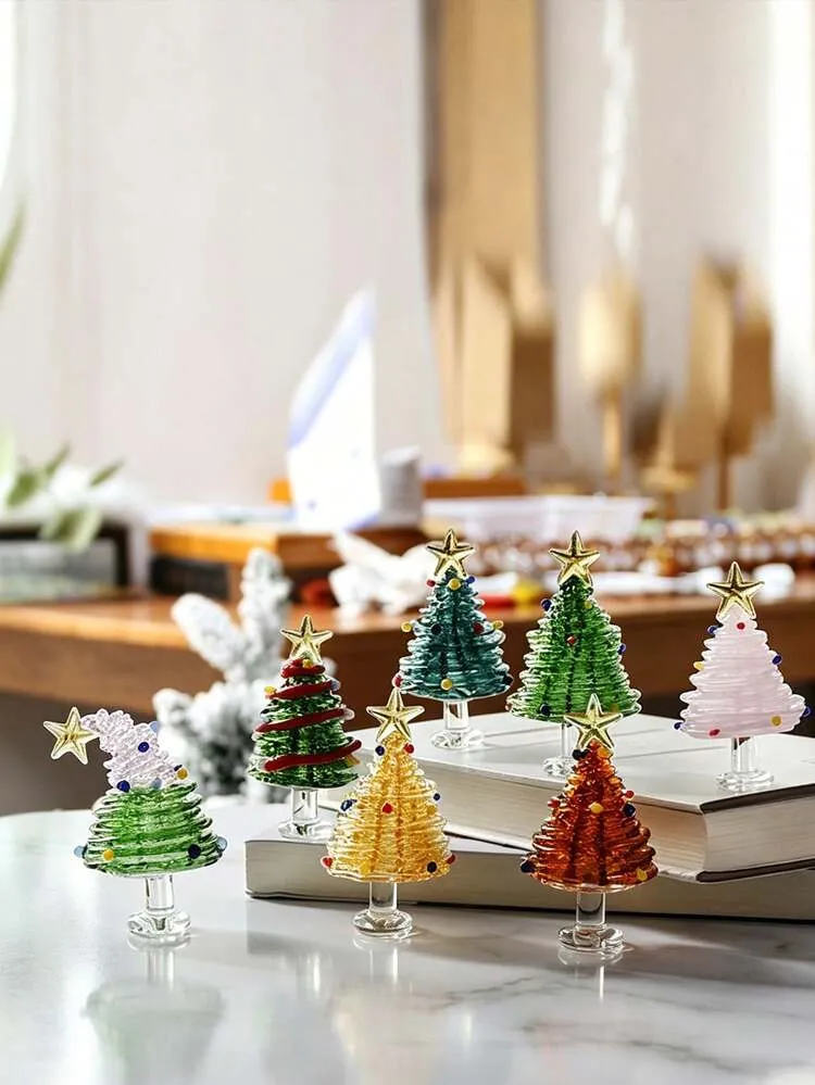 Christmas Glass Mini Christmas Tree Ornament, Small Christmas Desktop Decoration With Star Topper And Colorful Beads, Multi-Color Green/Gold/Brown/Pink Desktop Figurine, Suitable For Christmas Party