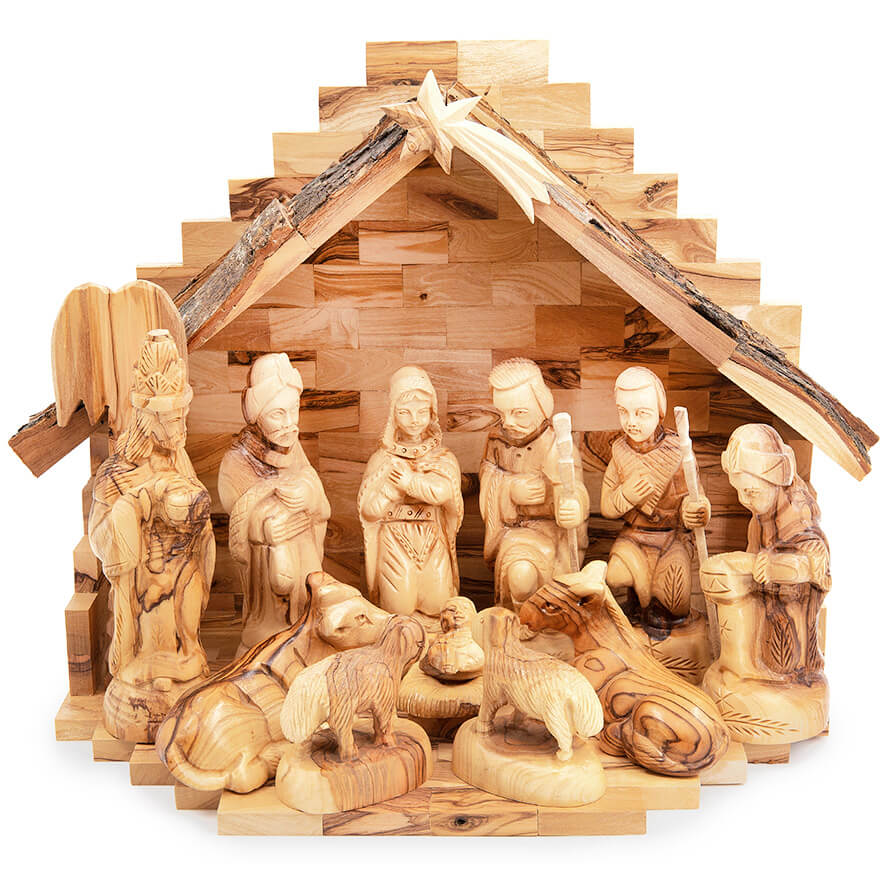 Christmas Olive Wood Manger Scene - Natural Bark Roof - Made in the Holy  Land - 12' wide