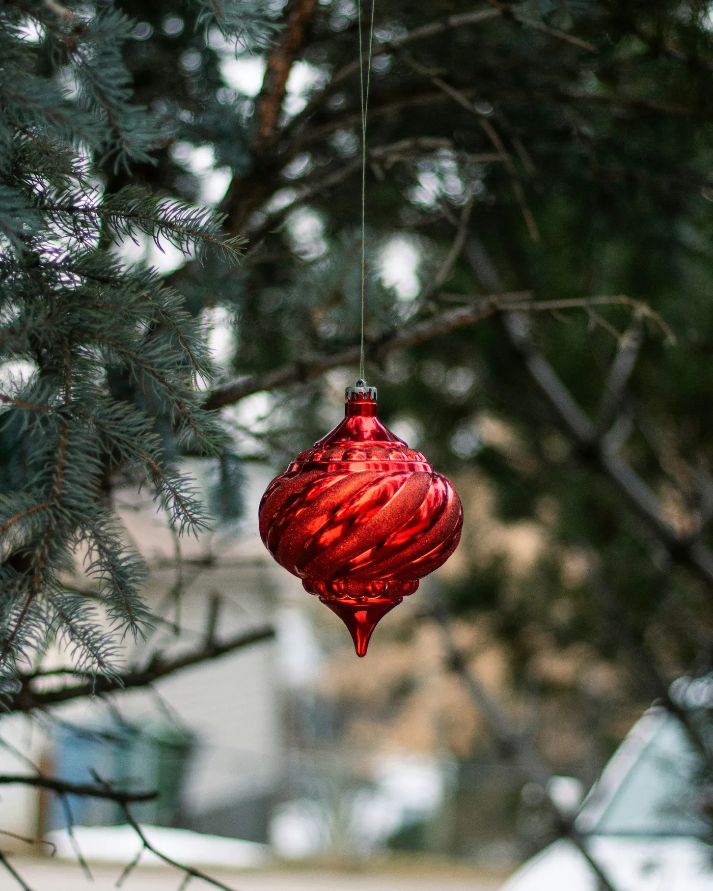 christmas ornaments hanging from tree looking festive