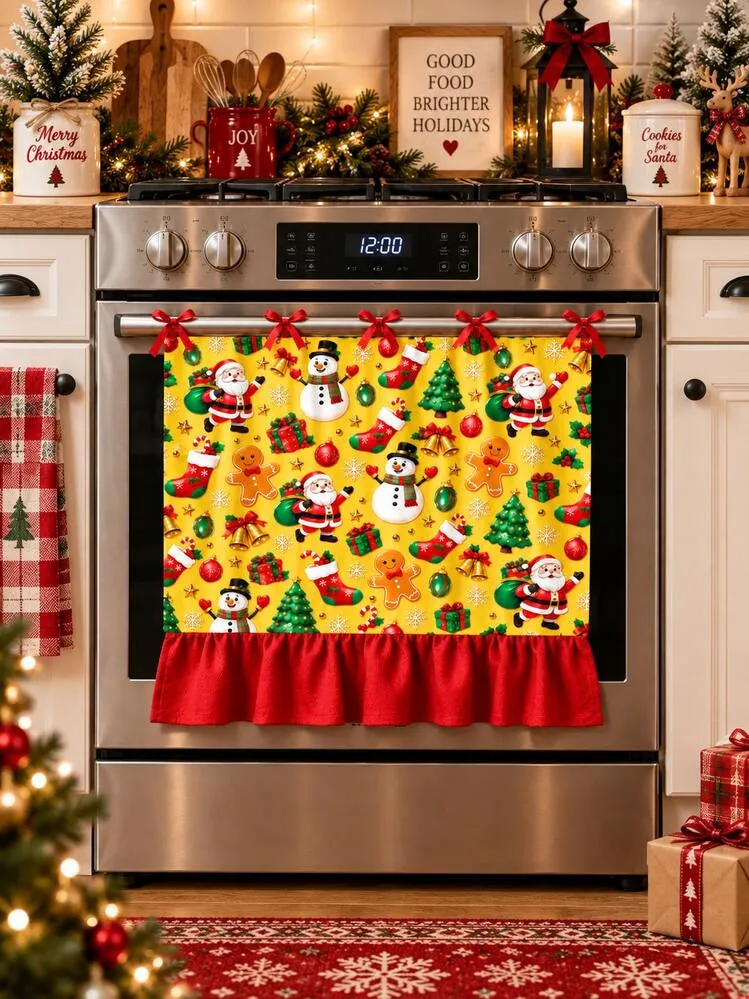 Christmas Oven Curtain, Nativity Scene/Black Cat Christmas Tree/Yellow Santa Claus Snowman Gingerbread Man Print Stove Cover, With Ruffle Edge And Red Bow, Winter Holiday Farmhouse Style Kitchen Ove