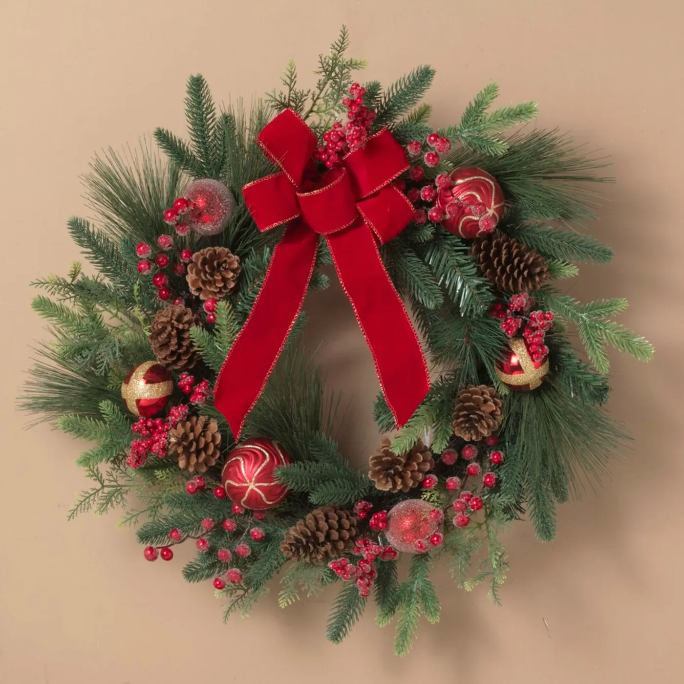 Christmas Tidings Faux Greenery Pine Cone Wreath with Red Velvet Bow