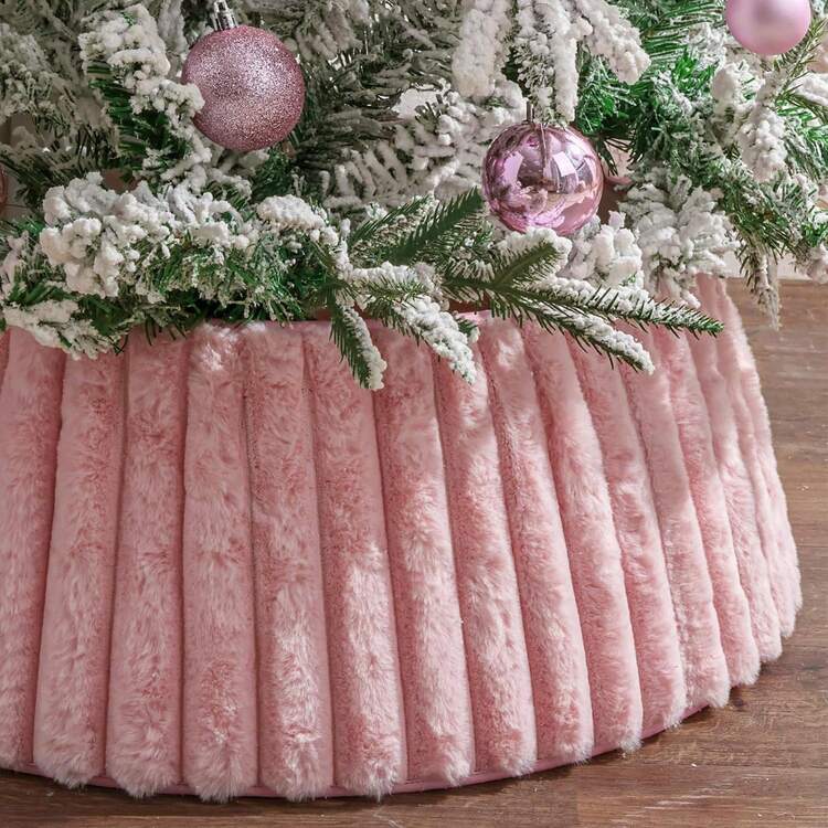 Christmas Tree Collar, Pink Luxury Plush Faux Fur Rustic Tree Collar With Thick Stripe Textured Pattern, Adjustable Soft Xmas Tree Ring Tree Skirt For Holiday Drations Pink Christmas Home Dr,2633624