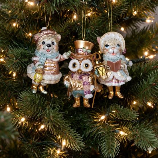Christmas Tree Decorations- Set of 3 Assorted Victorian Animals, 10cmHigh -  Big Christmas