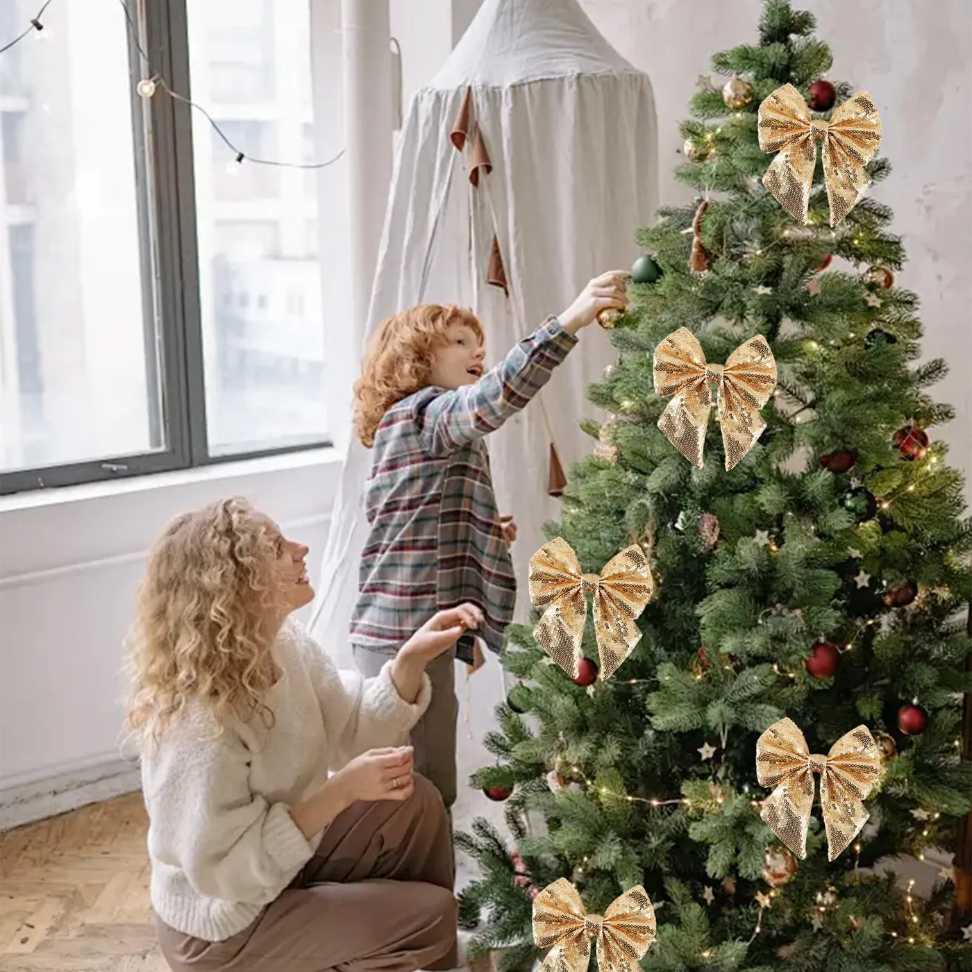 Christmas Tree Decorations,Garland Christmas Decorations,Christmas Bow  Decorations Garland Bow Small Christmas Tree Bow Sequin Bow Tie Christmas  Decoration Bow Decorations for Home Christmas Party -