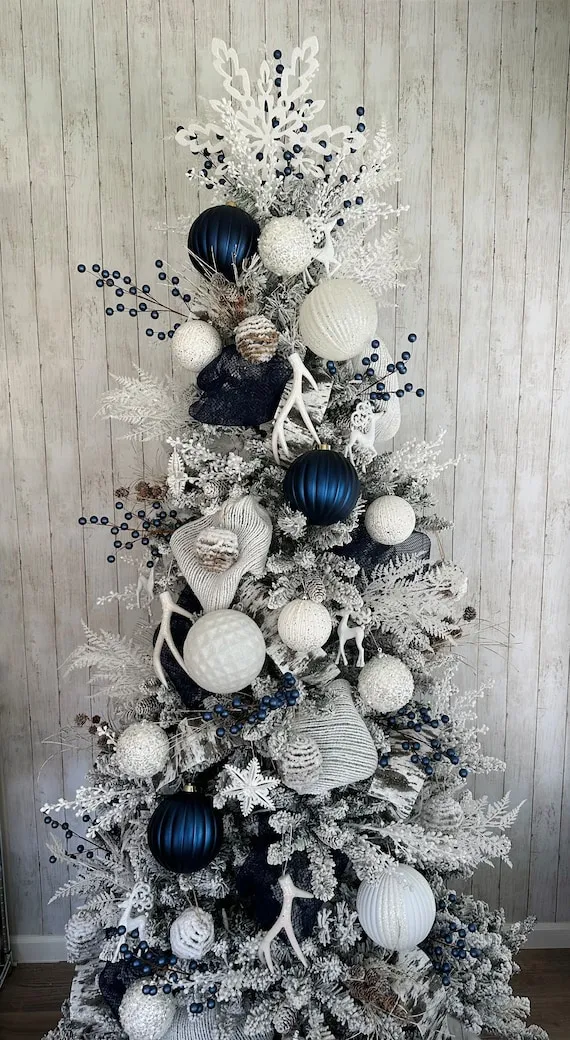 Christmas Tree Light Blue Ornaments Tree Kit White Navy Christmas Woodland  -bundle Includes Ornaments, Picks, Topper Navy Coast White Winter  Wonderland Decorate Xmas Blue