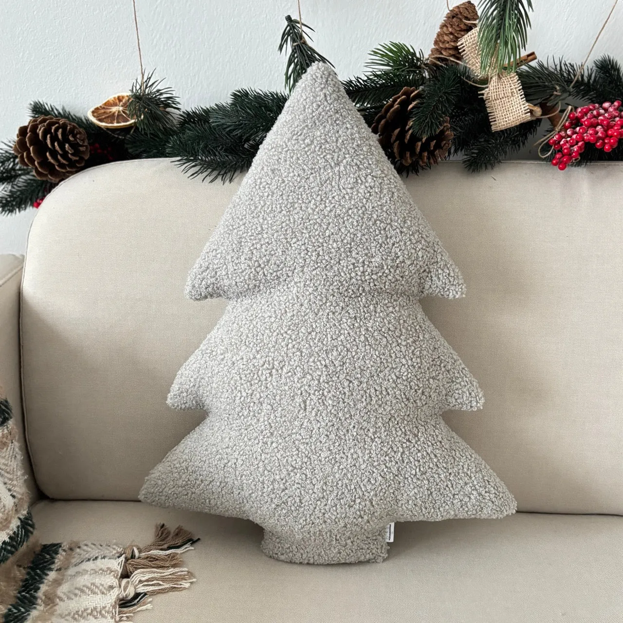 Christmas tree shape cushion, boucle, light grey, Christmas pillow