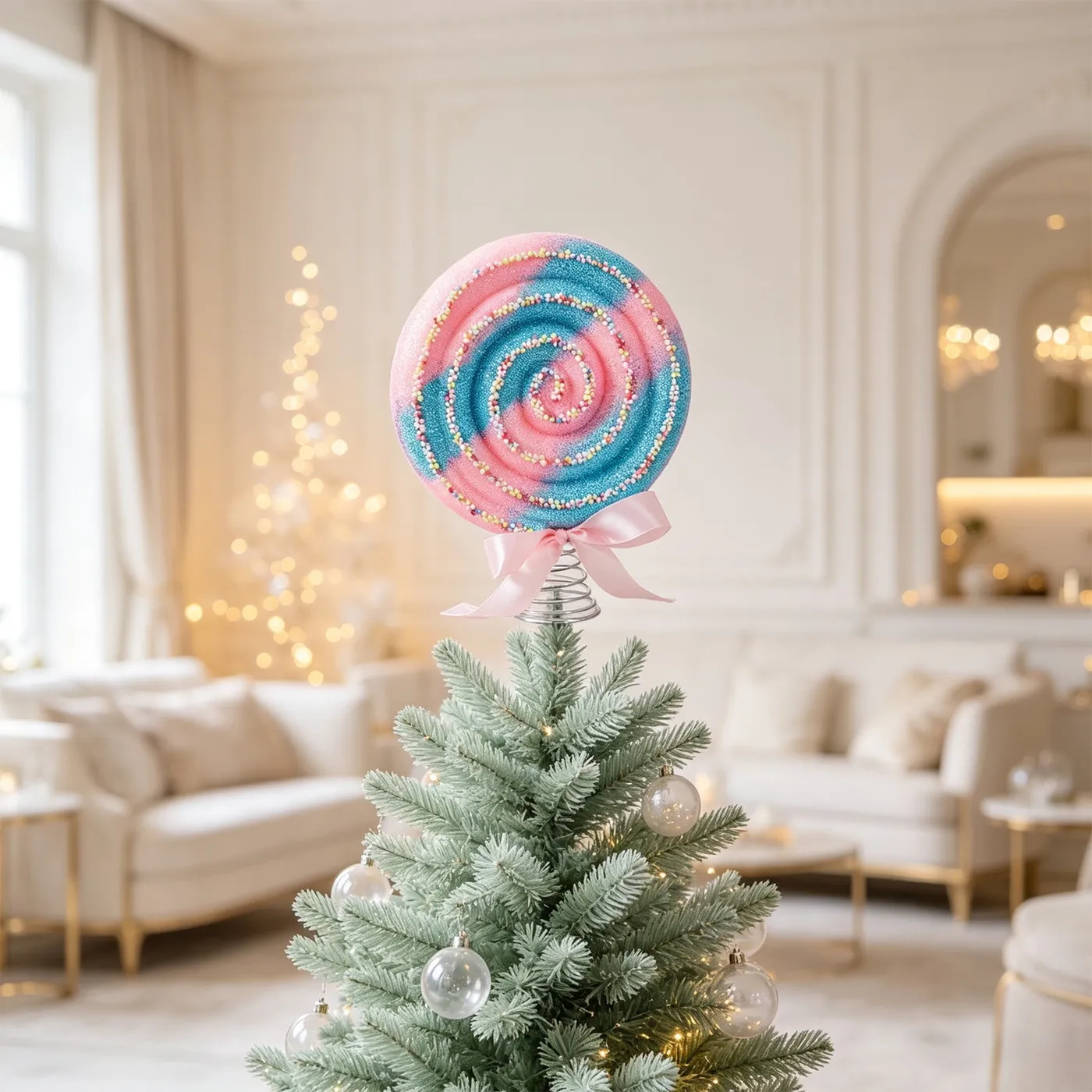 Christmas Tree Topper Candy Cane Ornament Glitter Beaded Lollipop Decor  with Spring Base | Festive Holiday Tree Top Decoration for Home, Tabletop,  Window Display | Foam Craft Pick for Winter Party, 
