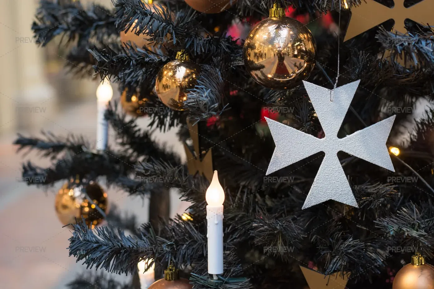 Christmas Tree With Gothic Dark Decor, Golden Balls, Candles In Interior. Xmas by Svetlana Lazhko - Stock Photos | Motion Array