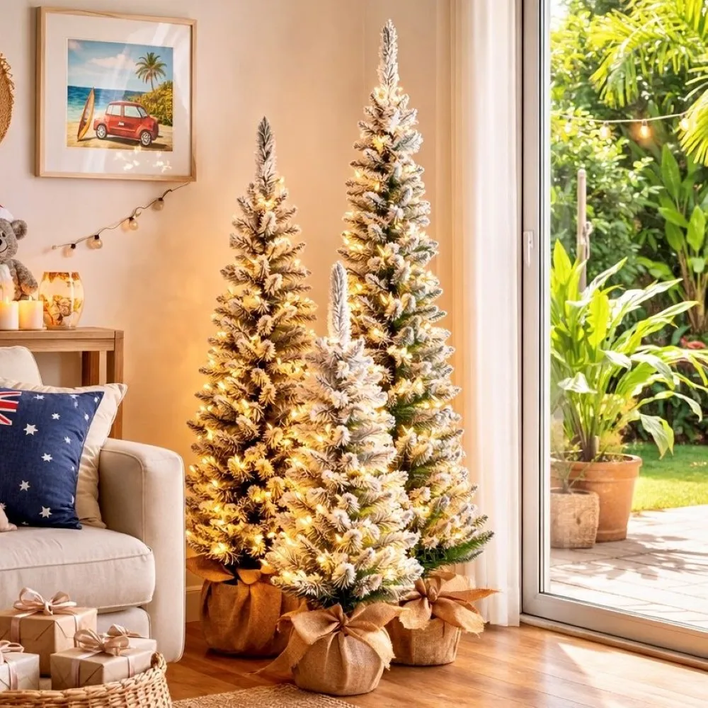 Christmas Trees with Lights – Set of 3 Snowy Pine Trees with Hessian Bases, 152/122/90cm | Swish Collection Christmas Decorations