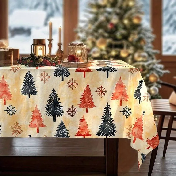 Christmas Winter Ice & Snow Tablecloth, Yellow Decor, Pine Tree & Snowflake Patterns, Minimalist Modern &