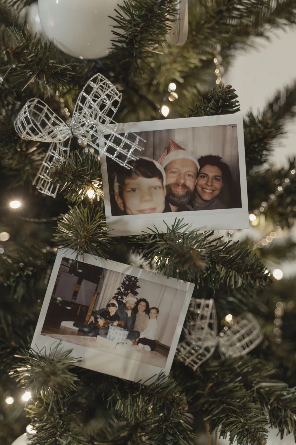 Close-up of a decorated Christmas tree with family photos and ribbons.