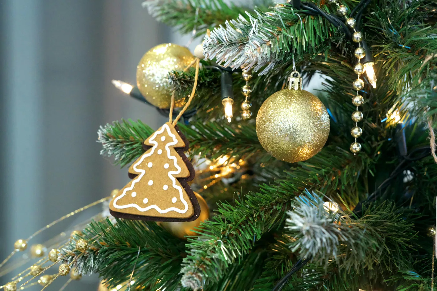 Close-up of a decorated christmas tree with ornaments