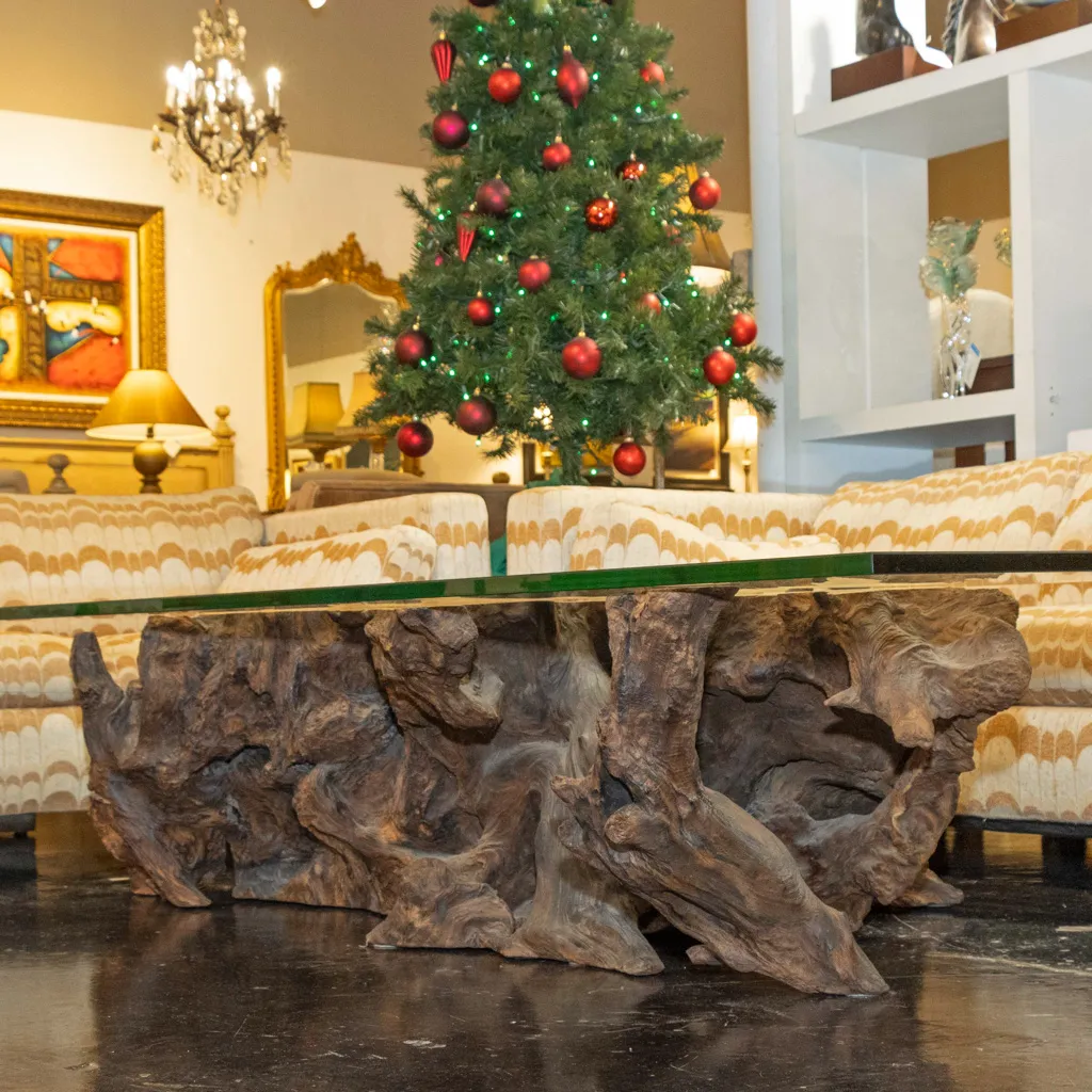 Coffee Table with Tree Trunk Base and Glass Top | Grandview Mercantile