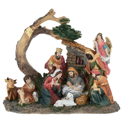 Complete Nativity Scene set with tree and manger, 20x10x20 cm