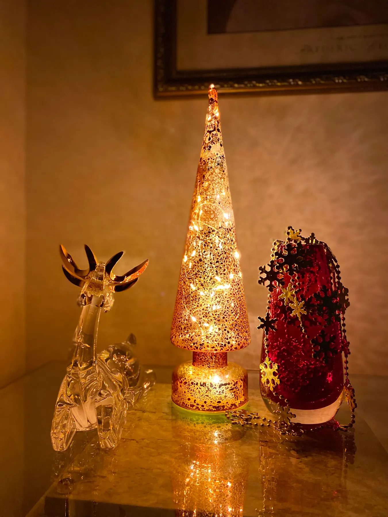 Cozy holiday scene with lit decorations and ambient lighting, perfect for a festive atmosphere.