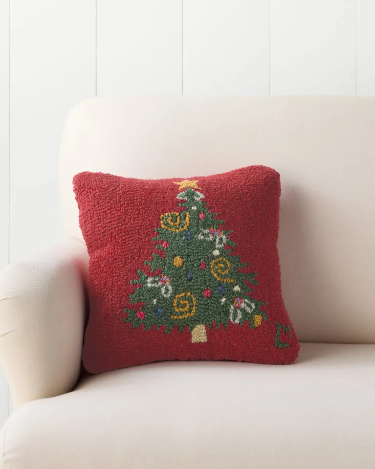 Curly Christmas Tree Hooked Wool Pillow | Garnet Hill