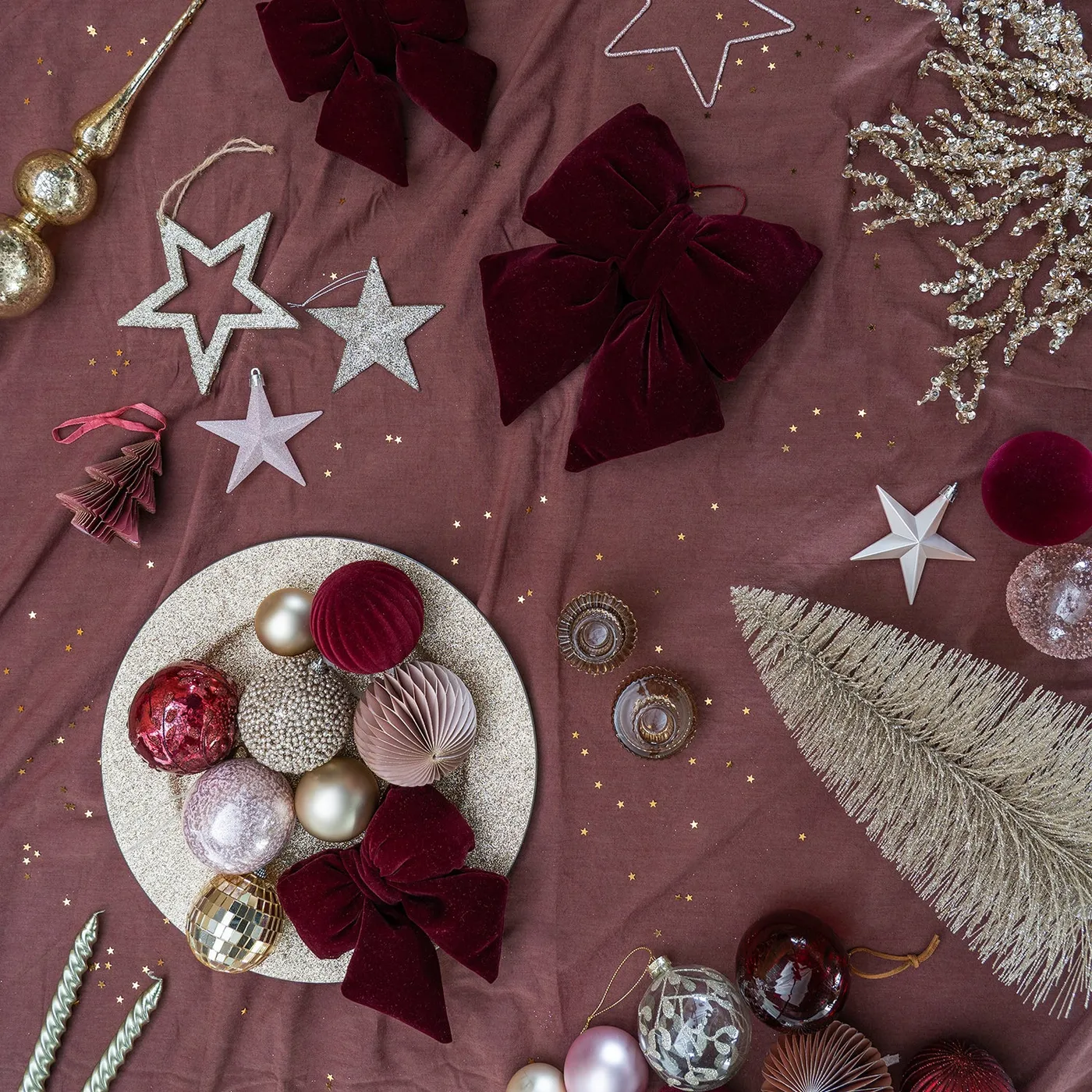 Dark red paper Christmas tree-shaped hanging ornament with glitter