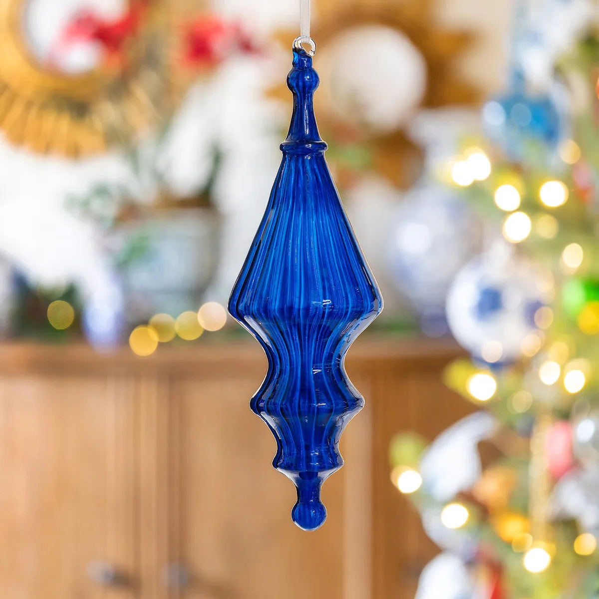 Deep Teal Glass Finial Ornaments Set of 6