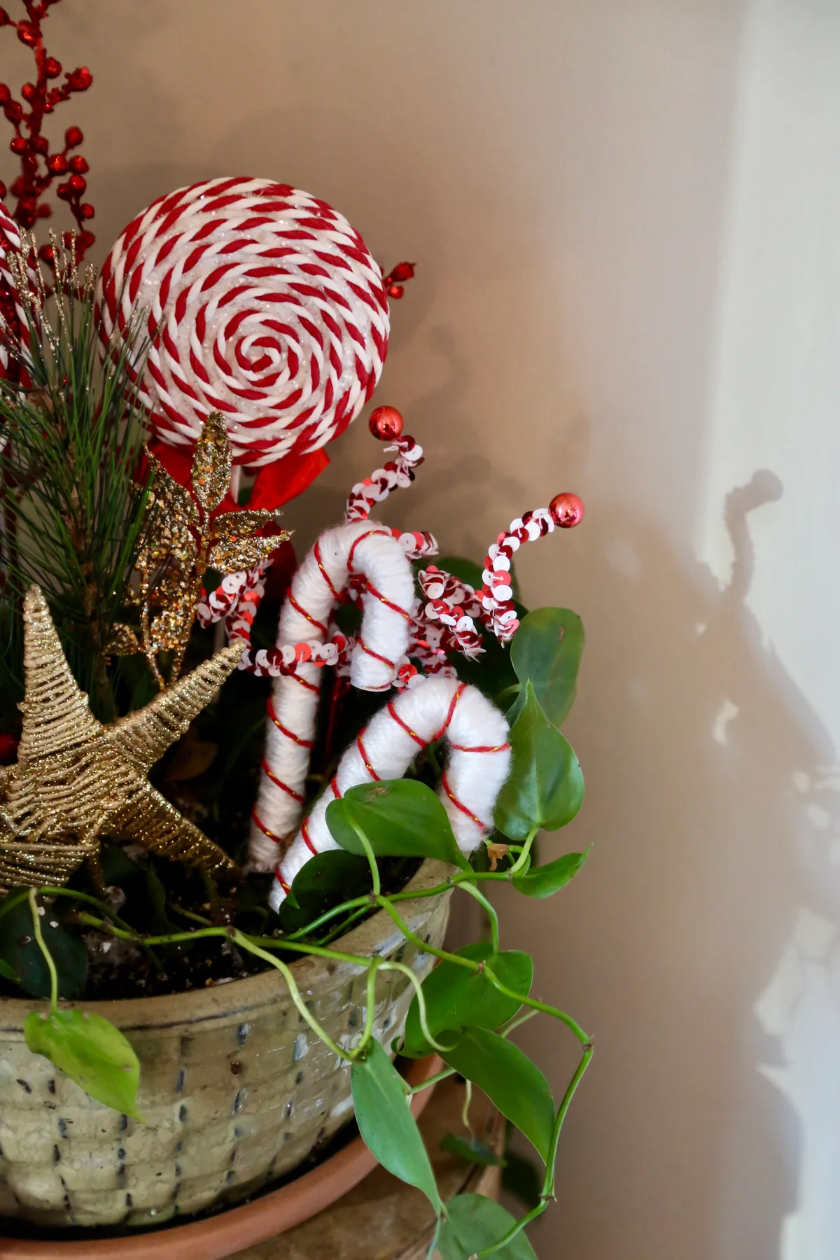 DIY Christmas Decor ~ Yarn Candy Canes - The Cottage Mama