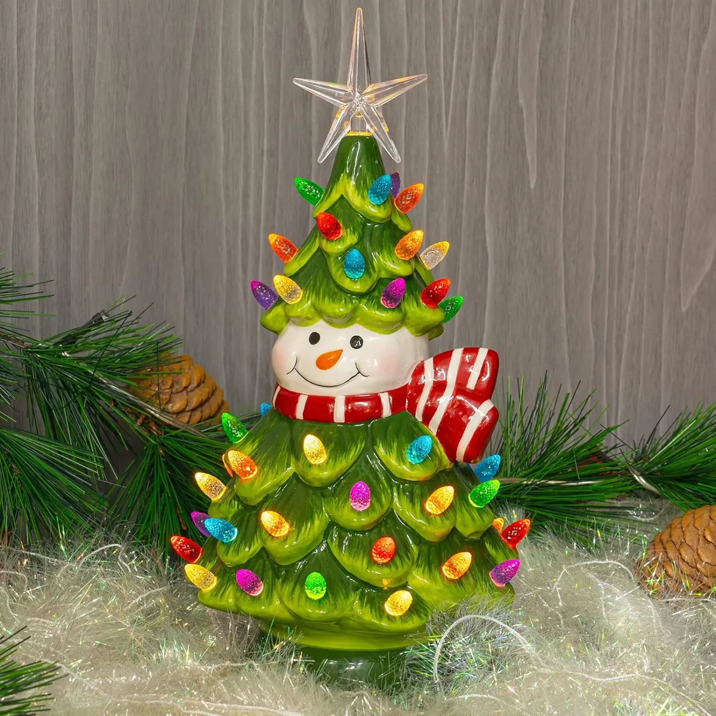 Dropship 11' Ceramic Christmas Tree, Pre-lit Battery Operated Vintage Tabletop Snowman Tree Ornaments With 50 Multicolored Lights, Christmas Table Decorations For Xmas Indoor Desk Centerpiece Decor