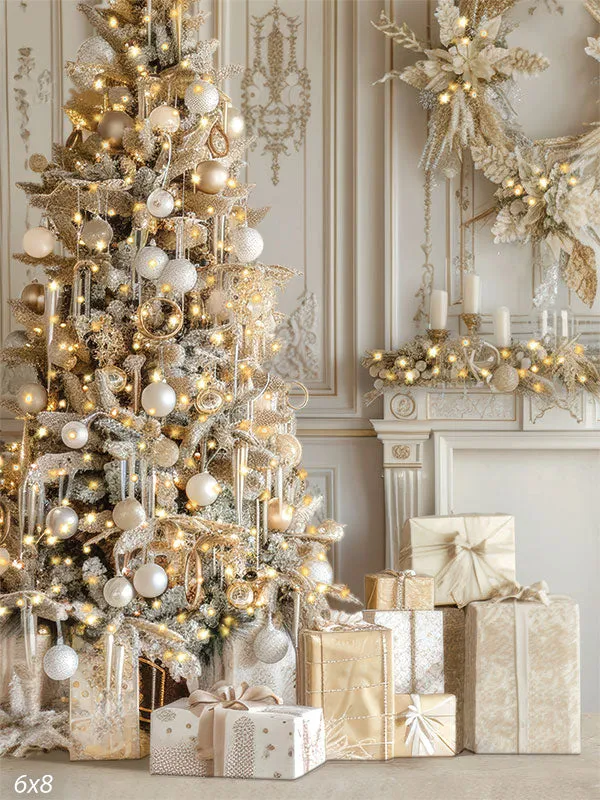 Elegant Gold & White Christmas Tree Holiday Background for Photos