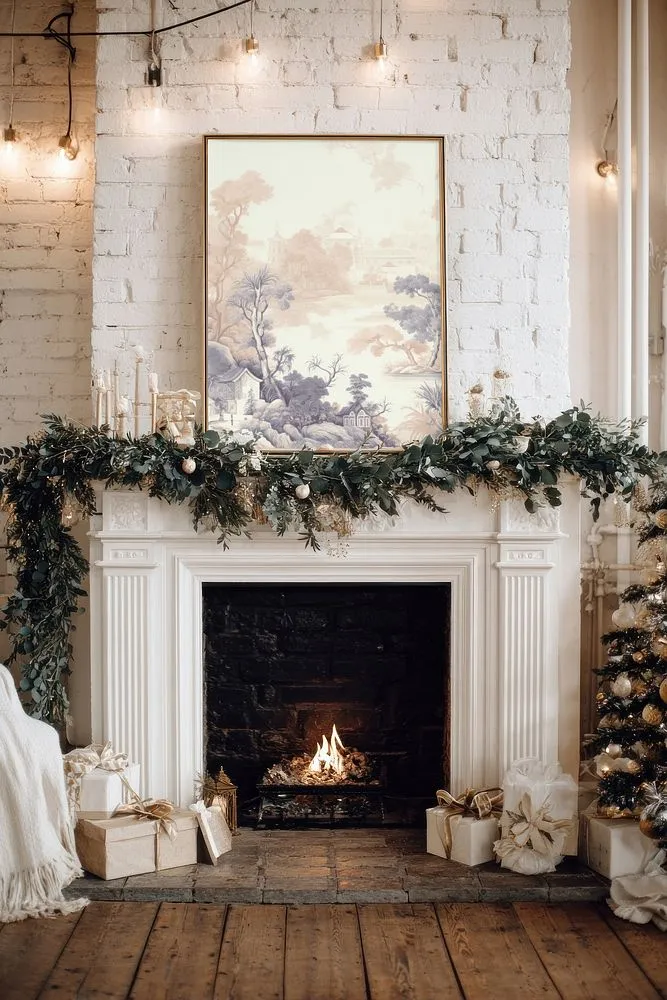 Elegant holiday fireplace scene, frame | Premium PSD Mockup - rawpixel