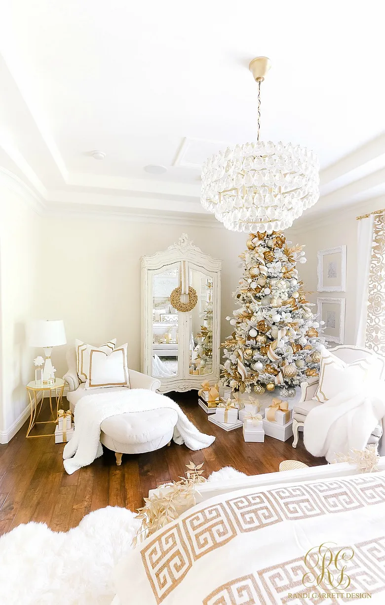 Elegant White and Gold Christmas Bedroom Tour - Randi Garrett Design