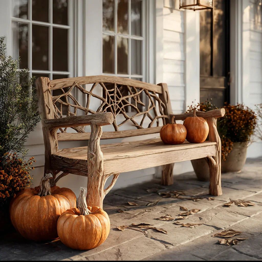 Farmhouse Deck Seating Bench – Handcrafted Wooden Halloween Porch Seat