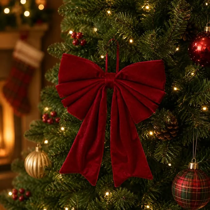 Festive Feeling Alpine Woods Velvet Hanging Christmas Bow | Home Bargains
